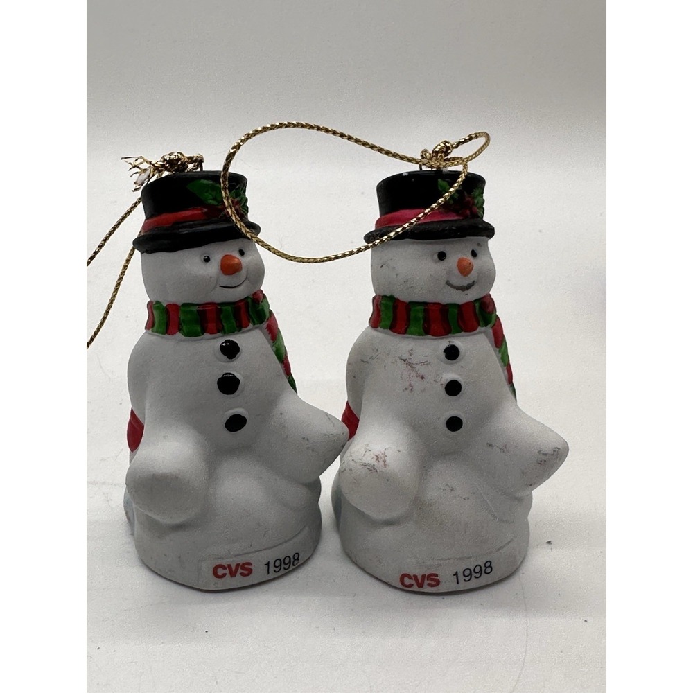 2x VTG Snowman Ceramic‎ Christmas Ornament 1998 CVS Traditions Porcelain